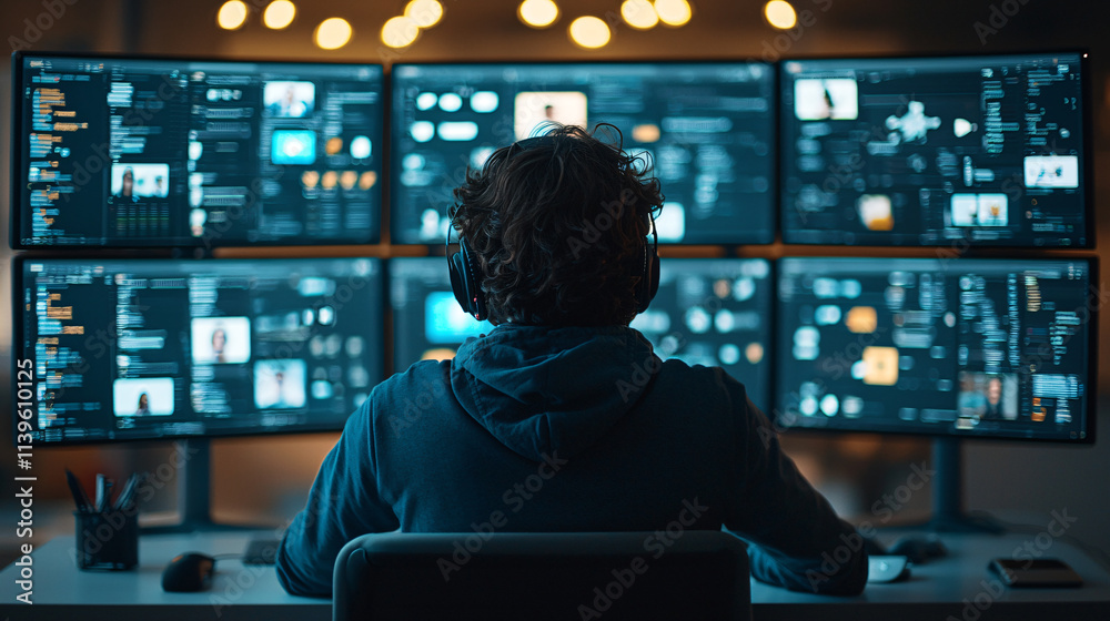 Fototapete Young man working on multiple computer screens in modern office, focused on data analysis and technology. atmosphere is dynamic and engaging