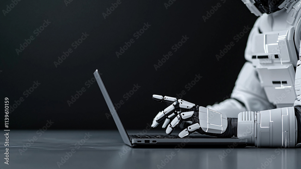 Poster futuristic robot typing on laptop, showcasing advanced technology and AI capabilities. sleek design and modern aesthetics highlight innovation and digital interaction