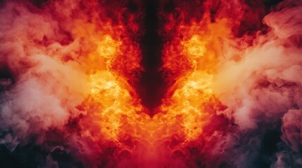Obraz premium A dramatic fire and smoke explosion in glowing red and yellow colors, creating a vivid and intense hellish effect with a space in the center.