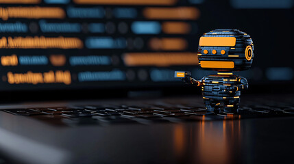 high resolution image of futuristic AI learning assistant laptop keyboard, showcasing advanced technology and digital interaction. robot features sleek design with glowing elements, symbolizing