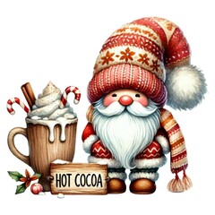 A cheerful Santa figure in a cozy red outfit stands next to a mug of hot cocoa, decorated with whipped cream and candy canes, perfect for the festive season.