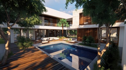 Fototapeta premium Modern architectural design featuring a pool and landscaped outdoor space.