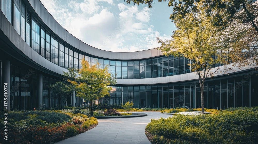 Aufkleber modern architectural courtyard with greenery and large glass windows under a cloudy sky.