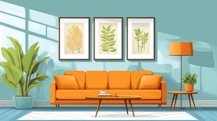 Mid-Century Modern Living Room: Vibrant Orange Sofa & Botanical Prints, Digital Illustration. AI Generated
