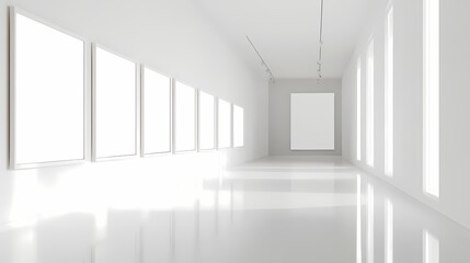 Minimalistic Art Gallery Interior with Empty Frames and White Walls, Sleek Lighting, Reflective Floor, Modern Design for Exhibitions and Displays