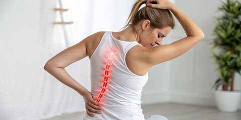 Woman experiencing intense lower back pain, highlighted spine