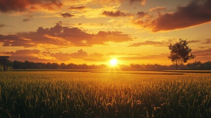 Vibrant sunset over golden wheat field.