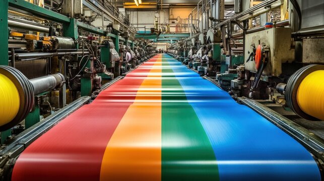 A factory dedicated to producing colorful paper, with machinery efficiently creating sheets in a rainbow of colors.