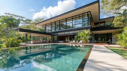 Fototapeta premium Modern architectural villa with a pool surrounded by lush greenery.