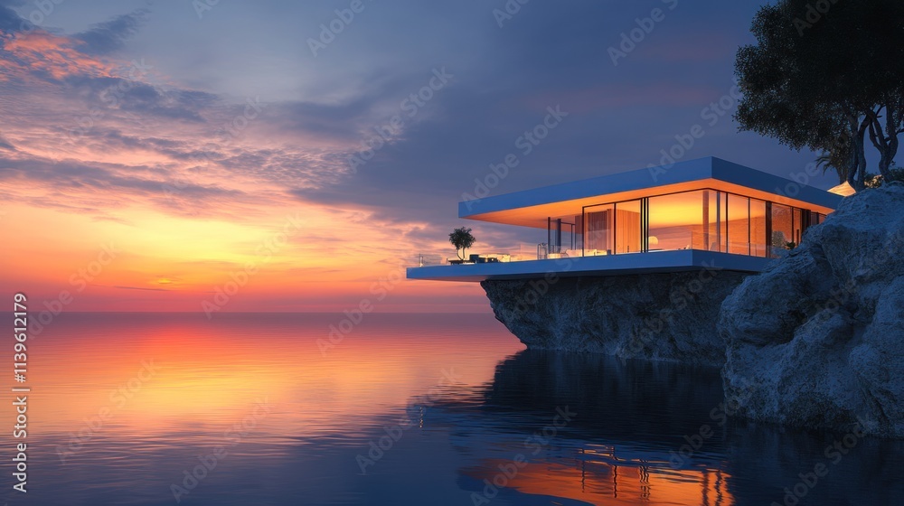 Poster Modern architecture on a cliff overlooking a serene sunset and calm waters.