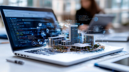 futuristic laptop displaying 3D model of cityscape with digital elements. scene captures innovation in technology and urban development, showcasing blend of architecture and digital design