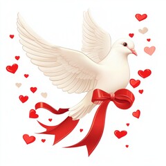 Obraz premium Dove carrying a ribbon with hearts isolated on white background