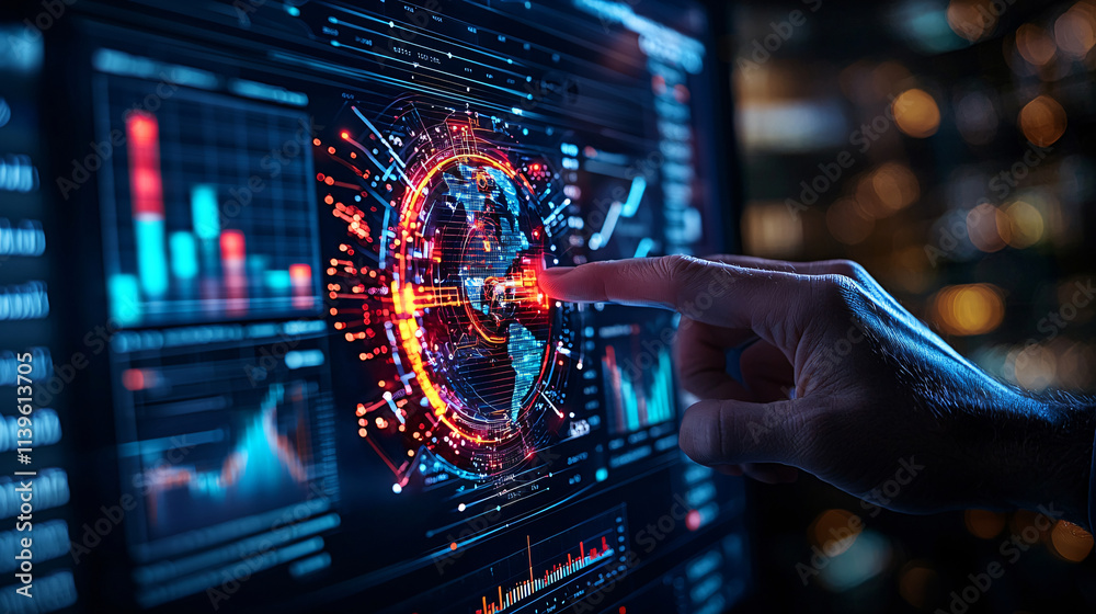 Fototapete digital interface showcasing global data analytics and trends, with hand interacting with vibrant, i