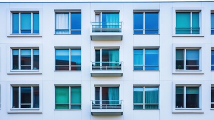 Fototapeta premium Modern building facade featuring windows and balconies in a symmetrical arrangement.