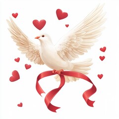 Fototapeta premium Dove carrying a ribbon with hearts isolated on white background