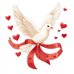 Obraz premium Dove carrying a ribbon with hearts isolated on white background