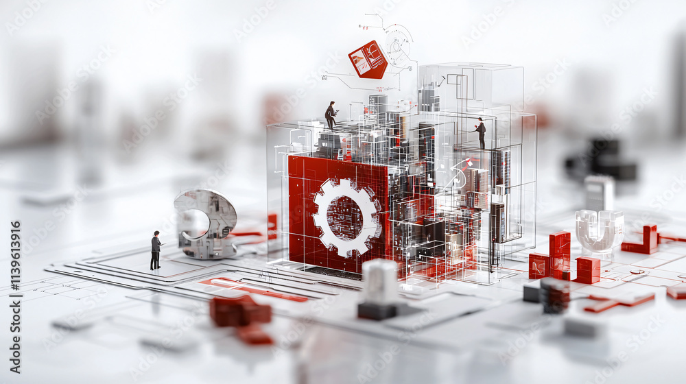 Poster detailed 3D illustration of cross functional team collaborating on project, showcasing digital tools and structures. scene conveys innovation and teamwork