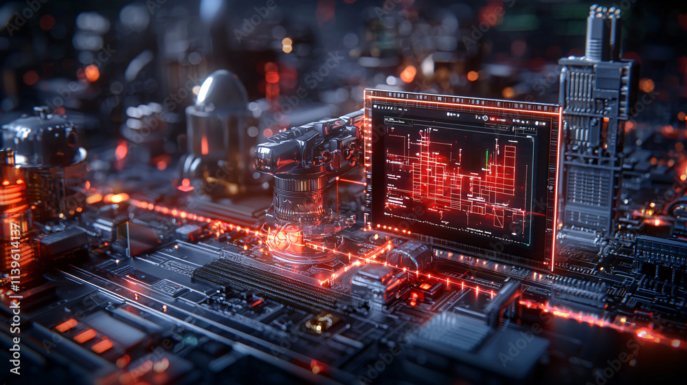 Fototapete detailed view of cybersecurity system with glowing circuits and digital interface, showcasing advanc