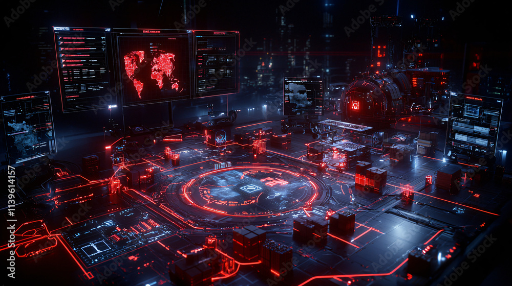 Aufkleber detailed cybersecurity system with glowing red elements, monitors, and data displays, showcasing adv