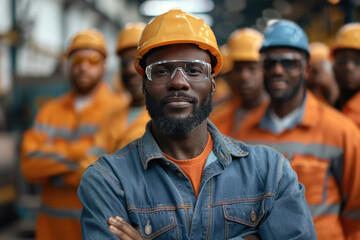 Smiling african american worker leads diverse team in metal factory, showcasing teamwork and success in manufacturing industry. Labor day.