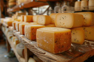 Wheels of aging cheese ripening on shelves in a cheese factory