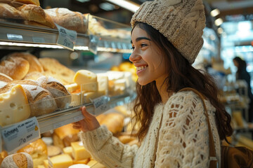 Young girl shopper choosing fresh bread in supermarket or store standing near shelves with fresh bread