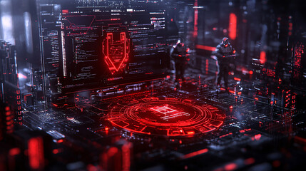 detailed image of cybersecurity team working in high tech environment, surrounded by digital interfaces and glowing red graphics. atmosphere conveys urgency and focus