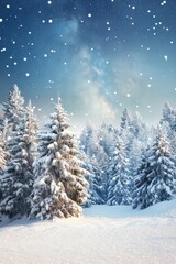 Obraz premium Snowy forest and starry sky in the mountains