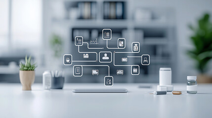 modern healthcare facility with digital interface and data visualization, showcasing various healthcare icons and tools. environment is clean and organized, promoting efficiency and innovation