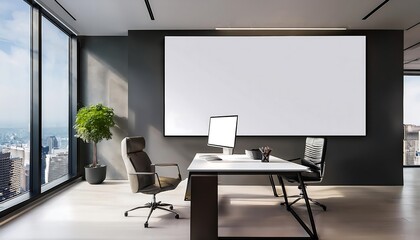 A modern office with a desk, chair, a large window, and a blank canvas on the wall