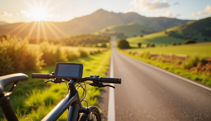 Naklejka premium Biking adventure on a sunlit road through lush green valleys and majestic mountains with a digital map display