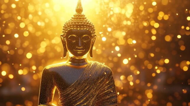 A glowing gold Buddha statue placed against a background of sparkling golden Thai patterns, evoking wisdom and serenity.