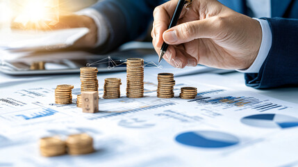 Maximize your financial strategy with risk management expert analyzing data and trends. image showcases coins stacked, representing growth and investment insights