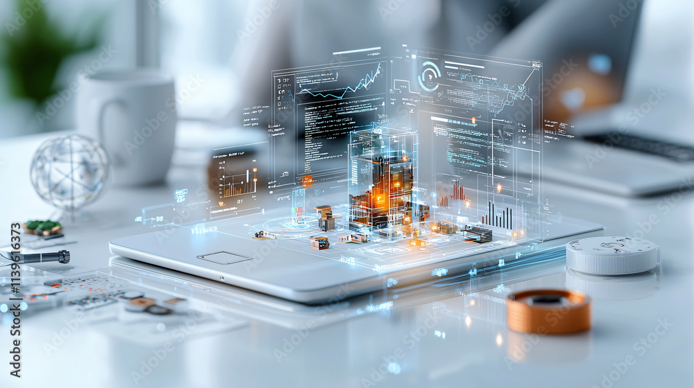Leinwandbilder digital workspace featuring laptop displaying holographic data analysis, graphs, and charts. scene c