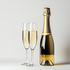 Bottle of champagne with two glasses isolated on white background