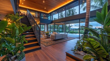 Fototapeta premium Modern interior with large windows, plants, and a staircase, showcasing a serene living space.