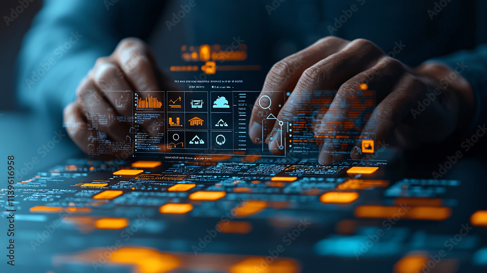 Poster Hands interacting with digital interface displaying data analytics, graphs, and charts, showcasing technology and innovation in modern workspace