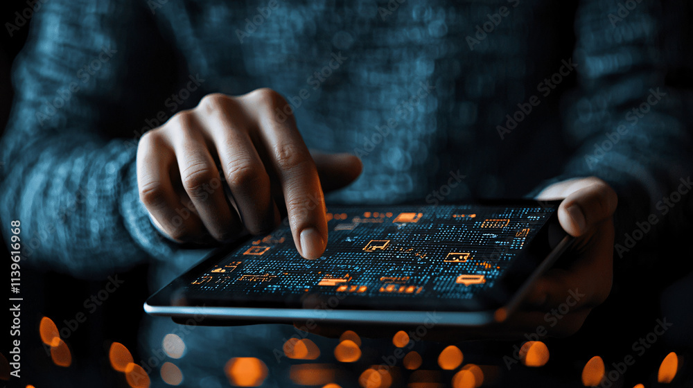 Aufkleber person interacting with tablet displaying digital data and graphics, showcasing technology and innovation. scene is illuminated with warm glow, enhancing modern atmosphere