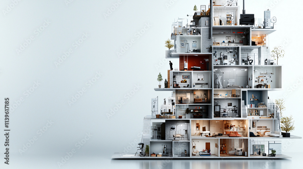Aufkleber modern architectural model showcasing multi level house with various rooms and furniture. design emphasizes open spaces and contemporary decor, creating vibrant living environment