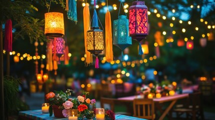 Naklejka premium Colorful Lanterns Illuminate Festive Outdoor Gathering
