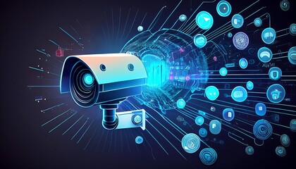 A security camera with digital icons coming out of it