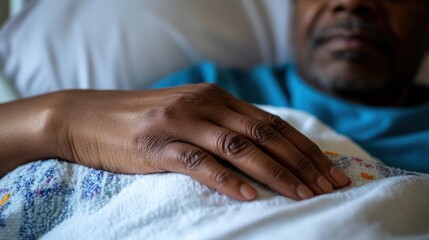 Ill person resting in hospital bed. Close-up of hand and face.