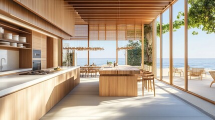 Modern kitchen with wooden elements and ocean view, designed for relaxation and dining.