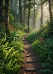 Obraz premium Overgrown trail in the woods with ferns and wildflowers, trail , overgrown trail, undergrowth