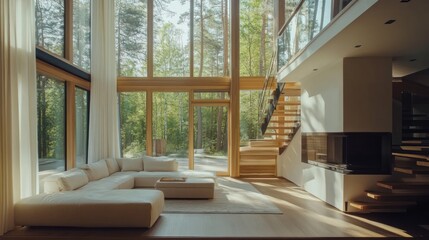 Fototapeta premium Modern living room with large windows, natural light, and a serene forest view.