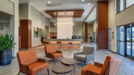 Modern lobby featuring seating, a reception desk, and decorative elements.