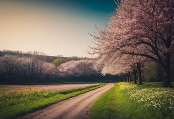 blooming spring park country landscape , realistic illustration