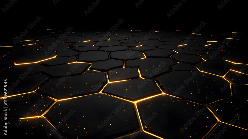 Poster A dark, textured surface features glowing hexagonal patterns, creating a futuristic and visually striking design