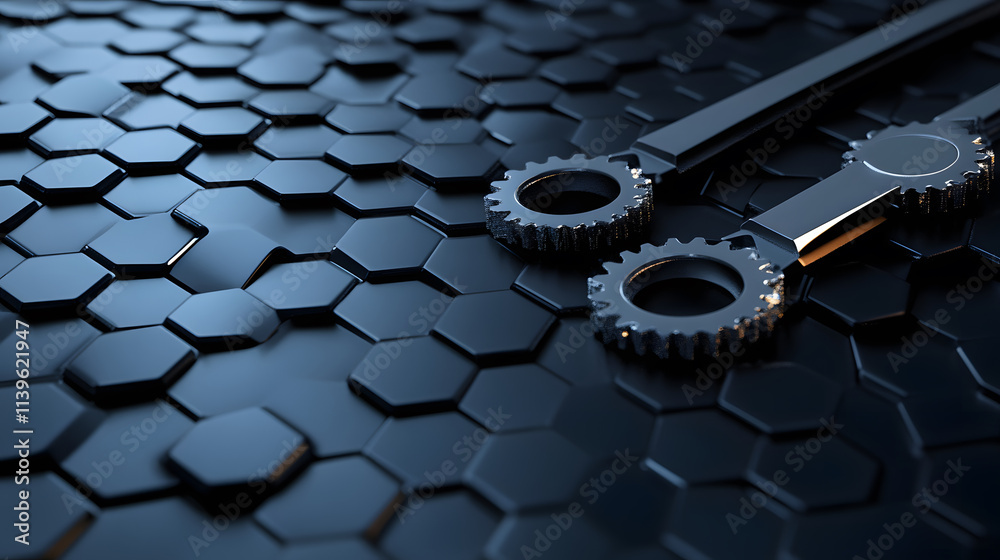 Poster A close-up view of metallic gears on a hexagonal patterned surface, showcasing a blend of industrial design and modern aesthetics