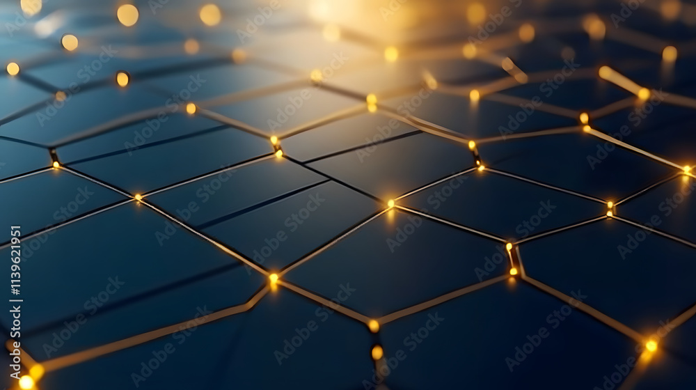 Poster A close-up view of a hexagonal grid with glowing lights, creating a modern, digital aesthetic on a sleek surface
